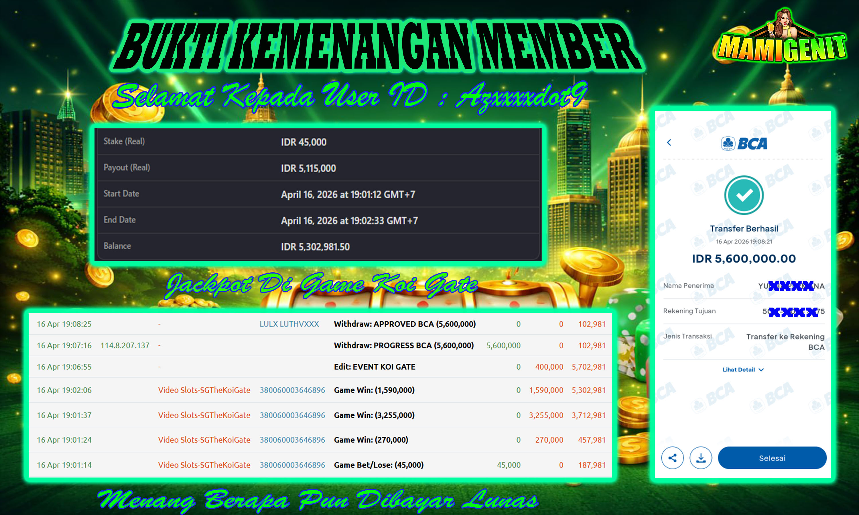 MAMIGENIT - JACKPOT DI SEBESAR RP.5,600,000,- DI GAME KOI GATE